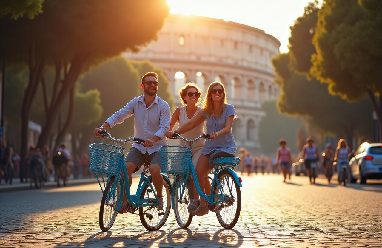 Turisti felici in sella a biciclette davanti al Colosseo